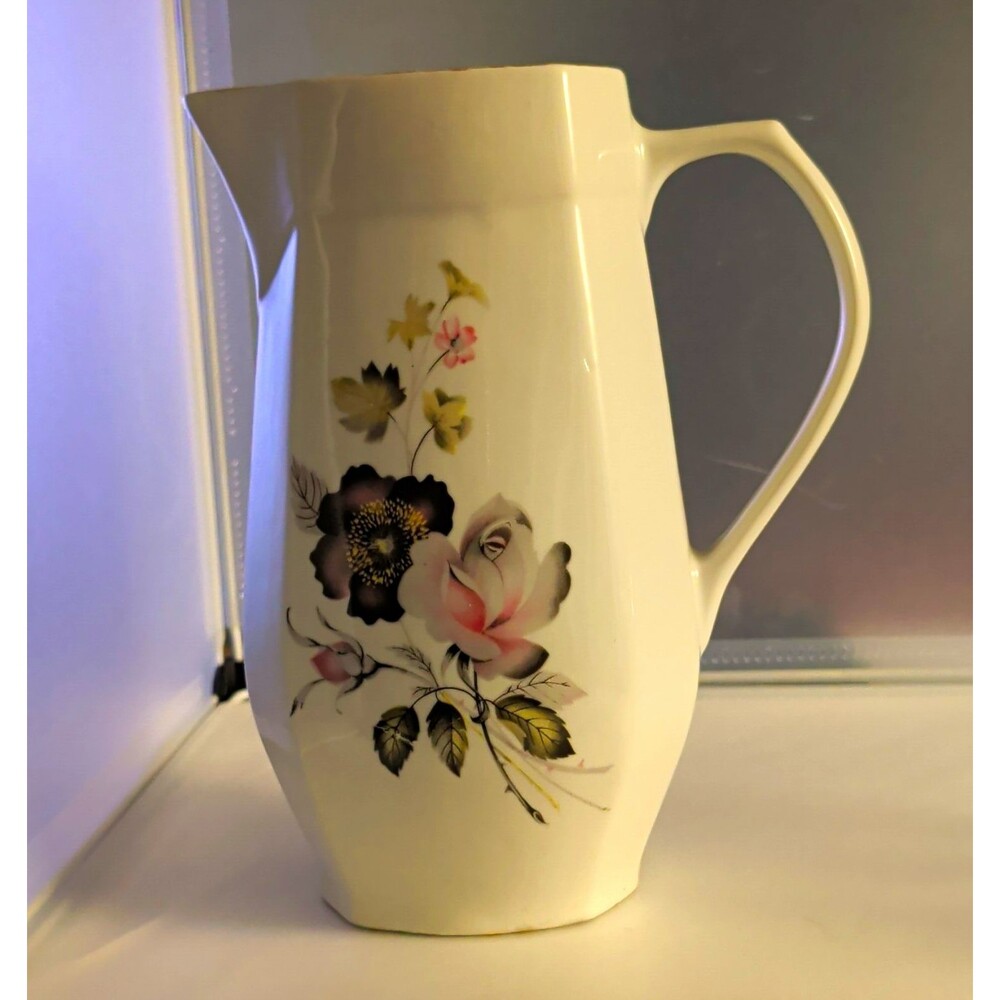 Vintage Zajecar Yugoslavia Porcelain Pitcher Purple Floral Rose Gold Trim